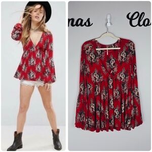 Free People Speak Easy Floral Tunic Top Red Size Large
